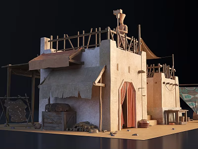 Traditional Desert Adobe Building With Wooden Roof Frames Canvas Awnings And Red Curtains 3d model
