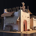 Traditional Desert Adobe Building With Wooden Roof Frames Canvas Awnings And Red Curtains