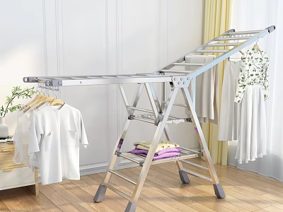Indoor Metal Foldable Clothes Drying Rack With Multi Tiered Hanging Space And Shelf 3d model