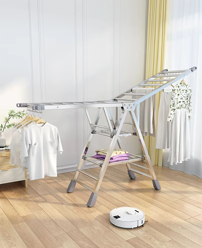 Indoor Metal Foldable Clothes Drying Rack With Multi Tiered Hanging Space And Shelf 3d model