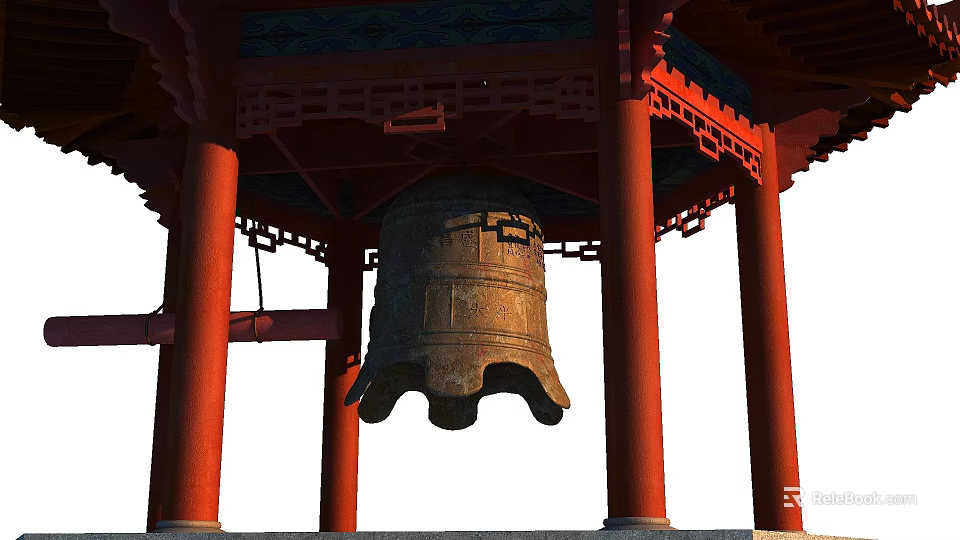 Ancient Bell In Traditional Chinese Pavilion With Red Pillars And Ornate Structure 3d model 