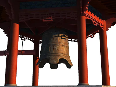 Ancient Bell In Traditional Chinese Pavilion With Red Pillars And Ornate Structure 3d model