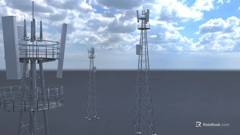 Industrial Communication Towers With Metal Structures And Antennas Against Blue Sky White Clouds 3d model 