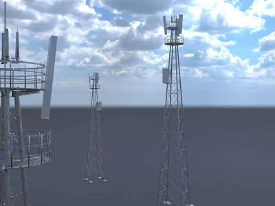 Industrial Communication Towers With Metal Structures And Antennas Against Blue Sky White Clouds 3d model