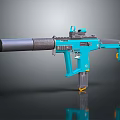 Modern Turquoise Tactical Firearm With Black Barrel Scope And Yellow Accents