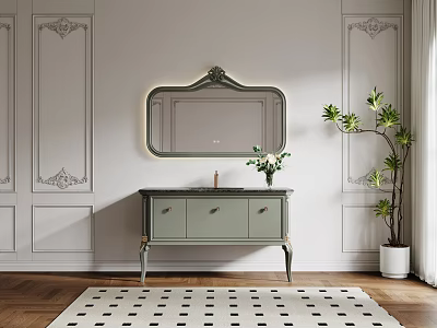 Elegant Green Vanity Washstand With Backlit Ornate Mirror On Decorative Paneled Walls And Potted Plant 3d model