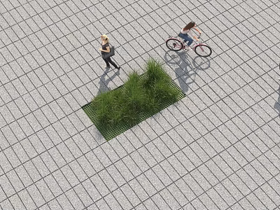 Overhead View of Green Grass Patch in Paved Square with Pedestrian and Bicycle 3d model