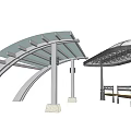 Modern Outdoor Canopy Structures With Curved Metal Frames And Bench Seats 3d model