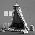 Pink Canopy Tent in Kids Room with Decorative Lights Pillows Stuffed Toys and Framed