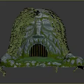 Cartoon Scene With Stone Cave Green Vines Arched Gate Green Ground And Stone Platform