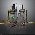 Space Exploration Aerospace Structure With Silver Cylindrical Bodies Metal Rods Yellow Hoses And Green Glow