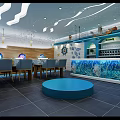 Blue Themed Restaurant Interior With Wavy Ceiling Round Windows And Blue Bar Counter
