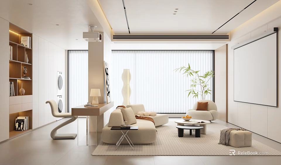 Modern Living Room With Beige Sofa Coffee Table Plant Floor Lamp Large Window Minimalist Design 3d model 