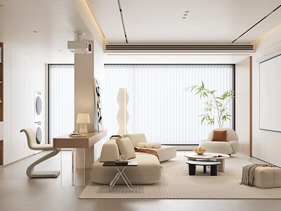 Modern Living Room With Beige Sofa Coffee Table Plant Floor Lamp Large Window Minimalist Design 3d model