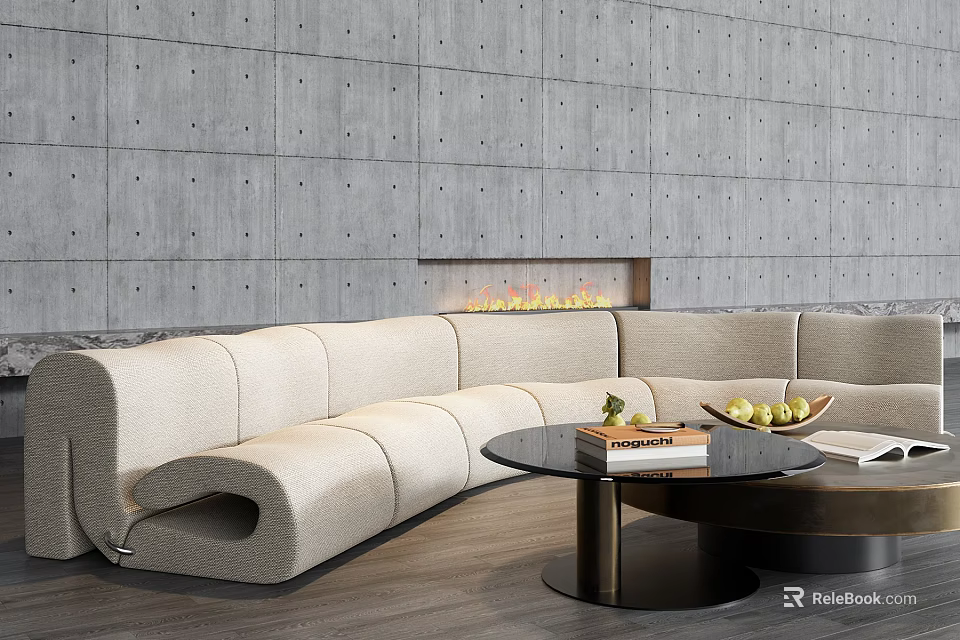 Curved Beige Sofa And Black Round Coffee Table With Fruits Book Fireplace Gray Perforated Wall 3d model 