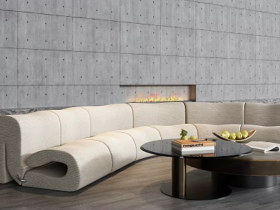 Curved Beige Sofa And Black Round Coffee Table With Fruits Book Fireplace Gray Perforated Wall 3d model