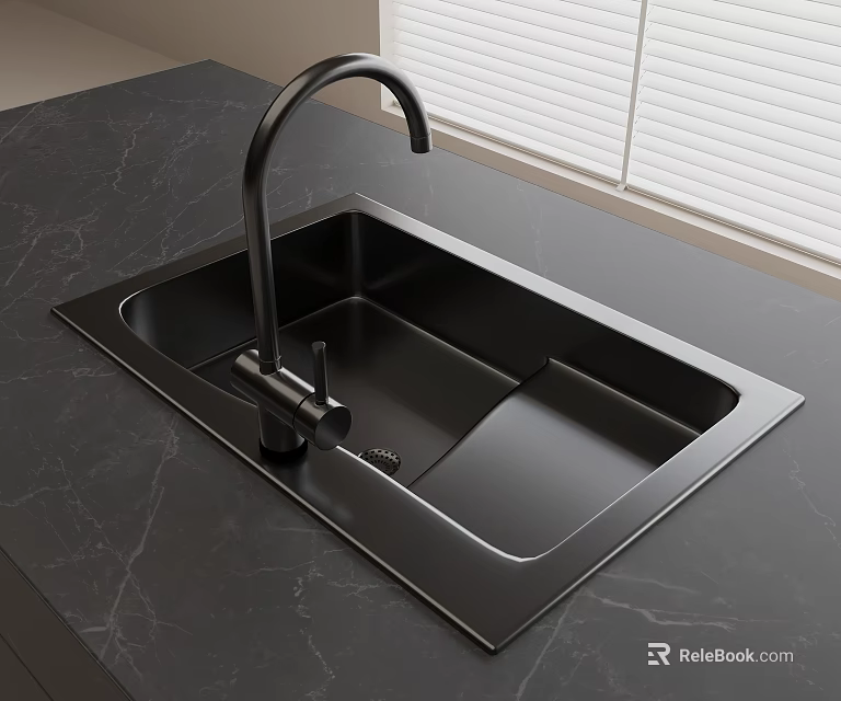 Matte Black Kitchen Sink With Faucet On Black Marble Countertop In Modern Kitchen 3d model 