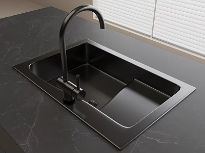 Matte Black Kitchen Sink With Faucet On Black Marble Countertop In Modern Kitchen 3d model