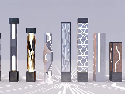 Modern Outdoor Lights with Various Pillar Designs and Light Rays 3d model