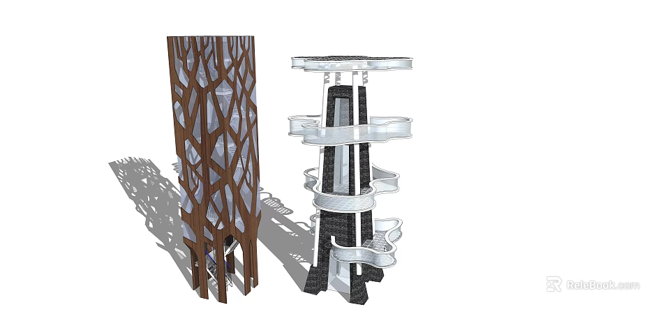 Innovative Tower Structures With Brown Geometric Lattice And White Spiral Multi Level Platforms 3d model 