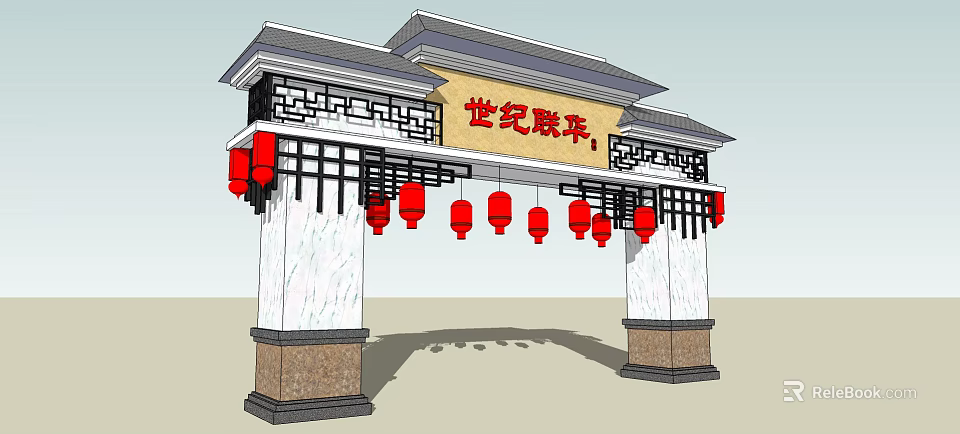 Traditional Chinese Style Gate With Red Lanterns And White Marble Pillars 3d model 