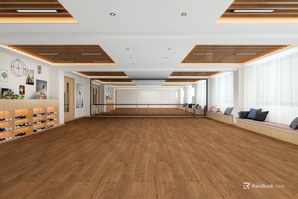 Spacious Fitness Studio Interior With Mirrored Walls Wooden Flooring And Relaxation Area 3d model 