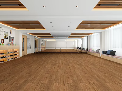 Spacious Fitness Studio Interior With Mirrored Walls Wooden Flooring And Relaxation Area 3d model