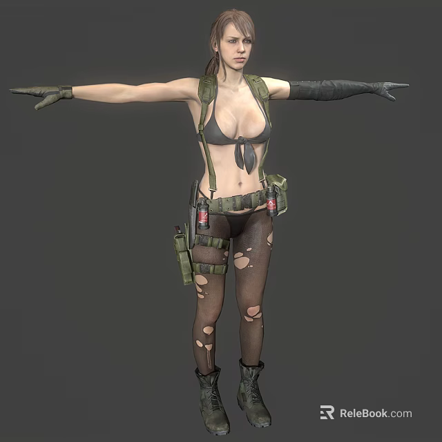 Woman In Bikini Top Long Gloves Utility Belt Torn Stockings And Boots With Arms Outstretched 3d model 