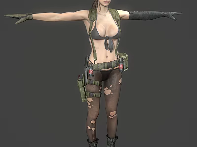 Woman In Bikini Top Long Gloves Utility Belt Torn Stockings And Boots With Arms Outstretched 3d model