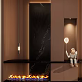 Modern Entryway Hallway With Brown Walls Black Marble Accent Wall Pendant Lights And Astronaut Sculpture