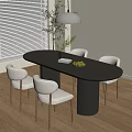 Modern Oval Dark Dining Table Set With Light Upholstered Chairs Green Plants And Fruit Bowl