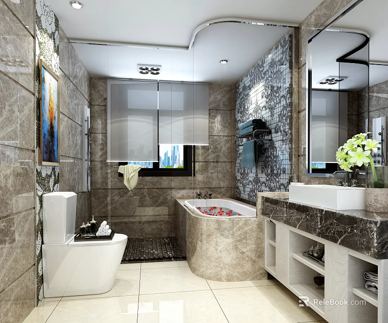 Modern Luxury Marble Bathroom Interior With Bathtub Toilet And Stylish Sink Vanity Design 3d model 