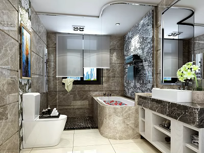 Modern Luxury Marble Bathroom Interior With Bathtub Toilet And Stylish Sink Vanity Design 3d model