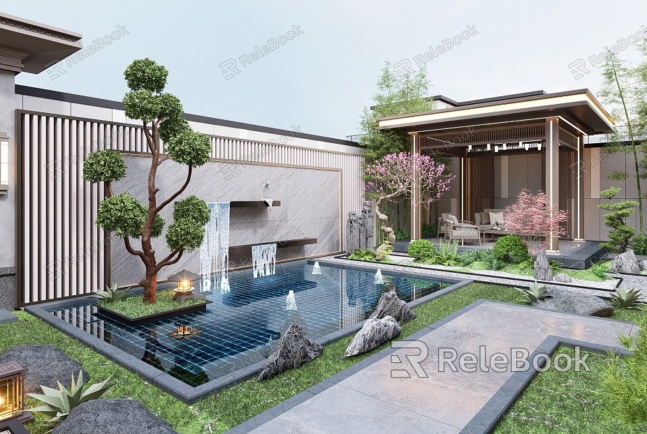 New Chinese Courtyard Villa Courtyard Landscape Garden Waterscape Wall model