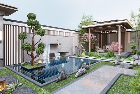 New Chinese Courtyard Villa Courtyard Landscape Garden Waterscape Wall 3d model