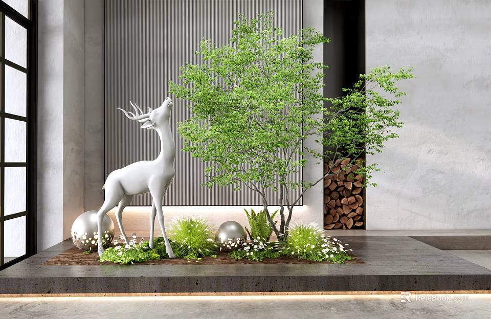 Elegant Modern Indoor Landscape with White Deer Sculpture Green Plants Round Balls Wooden Firewood Stack 3d model 