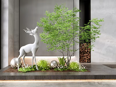 Elegant Modern Indoor Landscape with White Deer Sculpture Green Plants Round Balls Wooden Firewood Stack 3d model