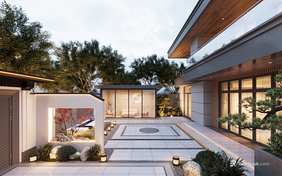 Elegant Courtyard Scenic Wall Design With Stone Pavement Landscaped Plants And Warm Lighting 3d model 