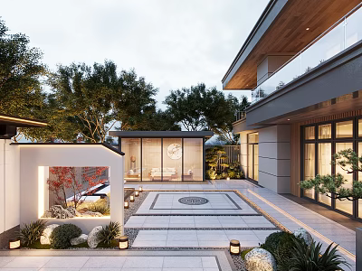 Elegant Courtyard Scenic Wall Design With Stone Pavement Landscaped Plants And Warm Lighting 3d model