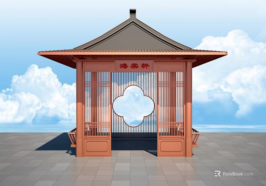 Ancient Chinese Pavilion With Traditional Roof Red Wooden Structure Blue Sky White Clouds Stone Ground 3d model 