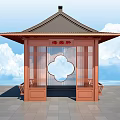 Ancient Chinese Pavilion With Traditional Roof Red Wooden Structure Blue Sky White Clouds Stone Ground