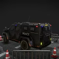 Tactical Police Armored Vehicle Parked With Traffic Cones And Barriers