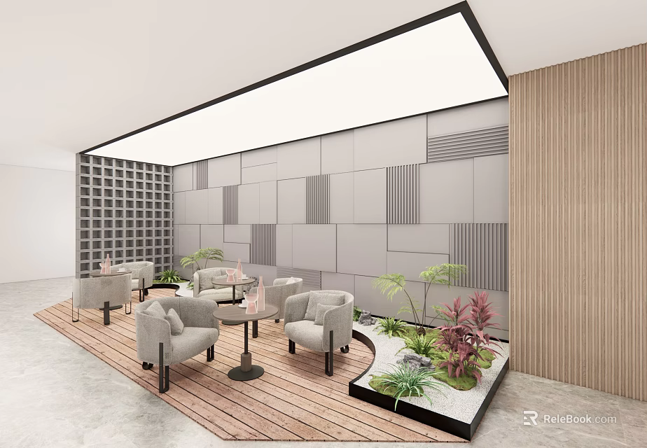Cozy Casual Lounge Area With Gray Armchairs Round Tables Green Plants And Wooden Details 3d model 