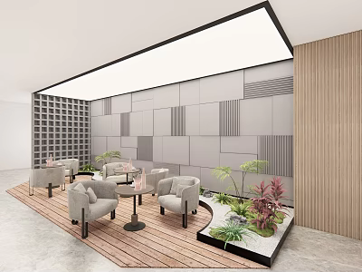 Cozy Casual Lounge Area With Gray Armchairs Round Tables Green Plants And Wooden Details 3d model