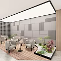 Cozy Casual Lounge Area With Gray Armchairs Round Tables Green Plants And Wooden Details