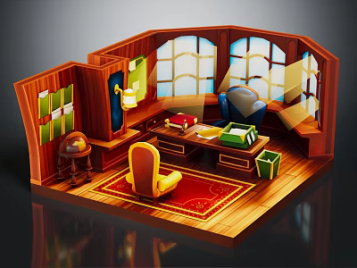 Cartoon Style Wooden Room Interior With Desk Chair Red Rug Globe And Windows 3d model