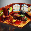 Cartoon Style Wooden Room Interior With Desk Chair Red Rug Globe And Windows