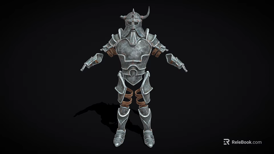 Medieval Silver Armor Featuring Horned Helmet And Metal Chest Shoulder Leg Components 3d model 