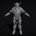 Medieval Silver Armor Featuring Horned Helmet And Metal Chest Shoulder Leg Components