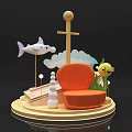 Creative Photo Spot With Orange Sofa White Shark Model Cross Structure And Cloud Decorations 3d model